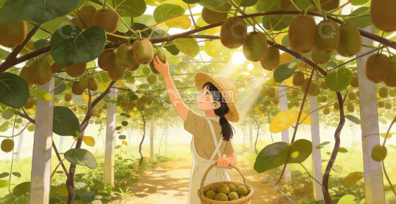 高清大图下载【趣麦麦图】田园风采摘猕猴桃插画设计素材
