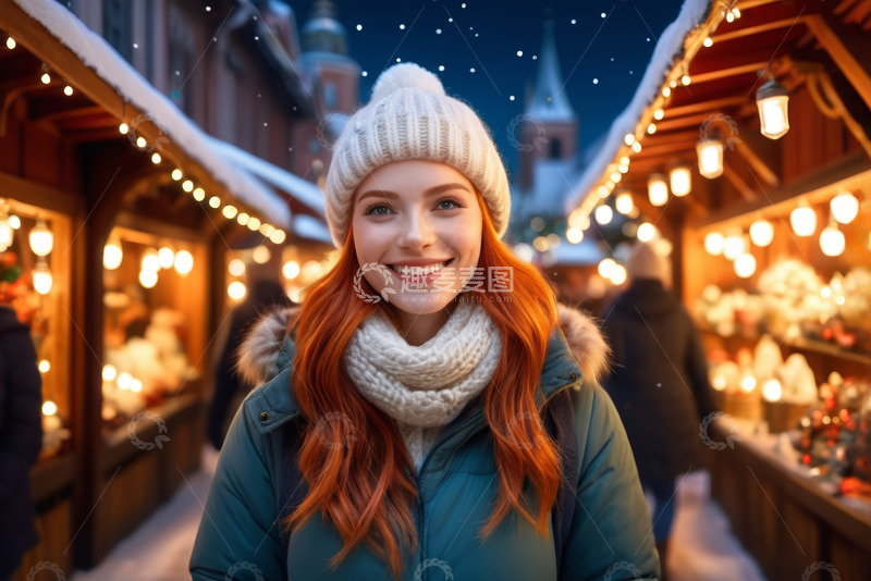 高清大图下载【趣麦麦图】红发女子于圣诞集市微笑留影