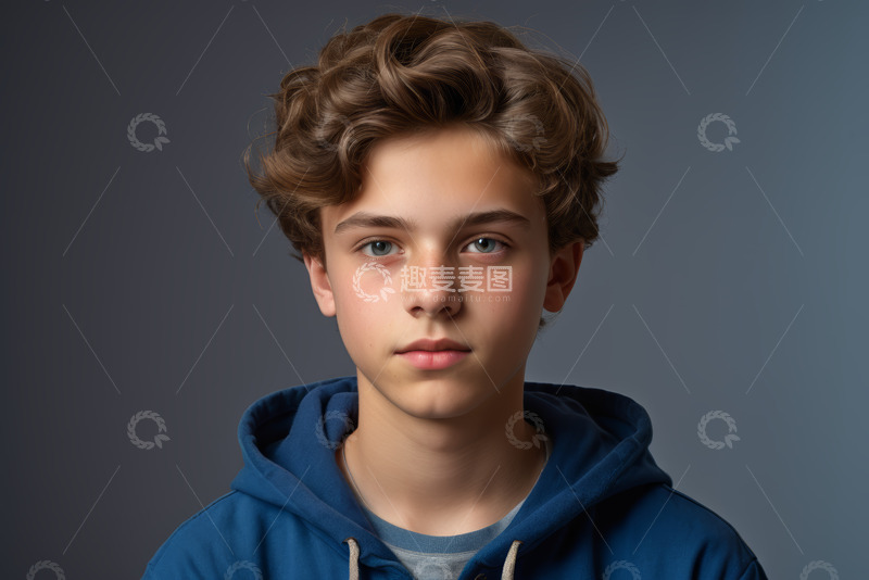 高清大图下载【趣麦麦图】穿蓝色连帽衫的少年肖像