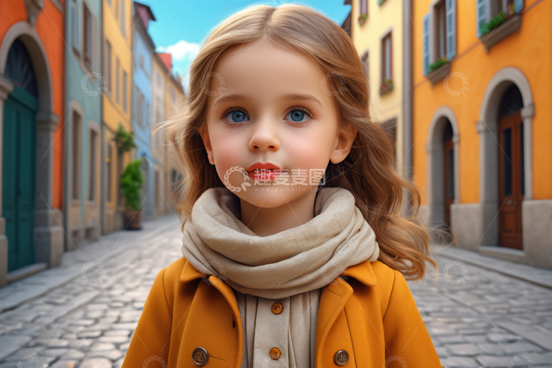 高清大图下载【趣麦麦图】街道上穿着秋装的小女孩