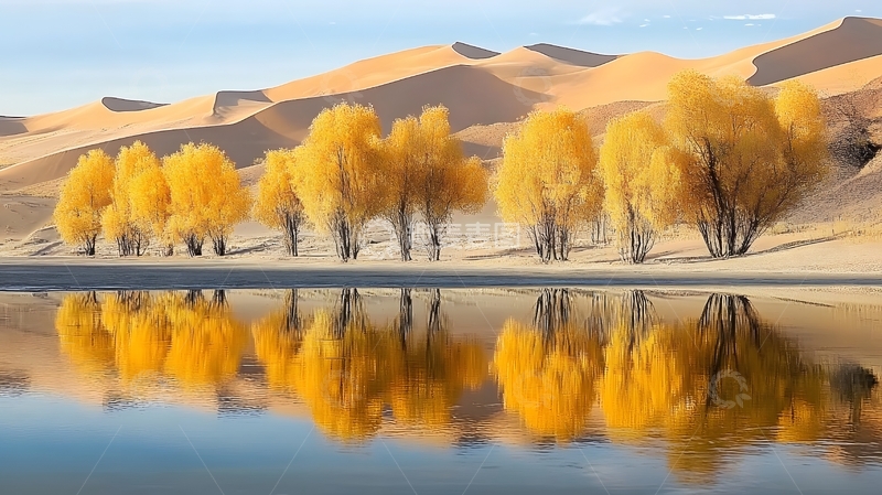 高清大图下载【趣麦麦图】-沙漠金秋胡杨倒影美景