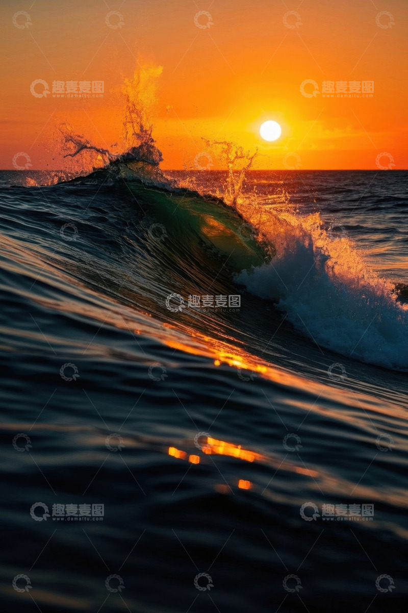 高清大图下载【趣麦麦图】海上夕阳下的翻涌波浪