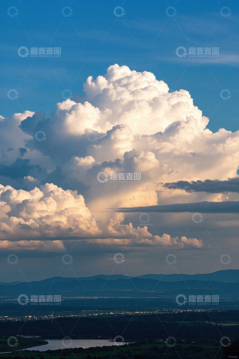 高清大图下载【趣麦麦图】蓝天白云下的远山与湖泊景观