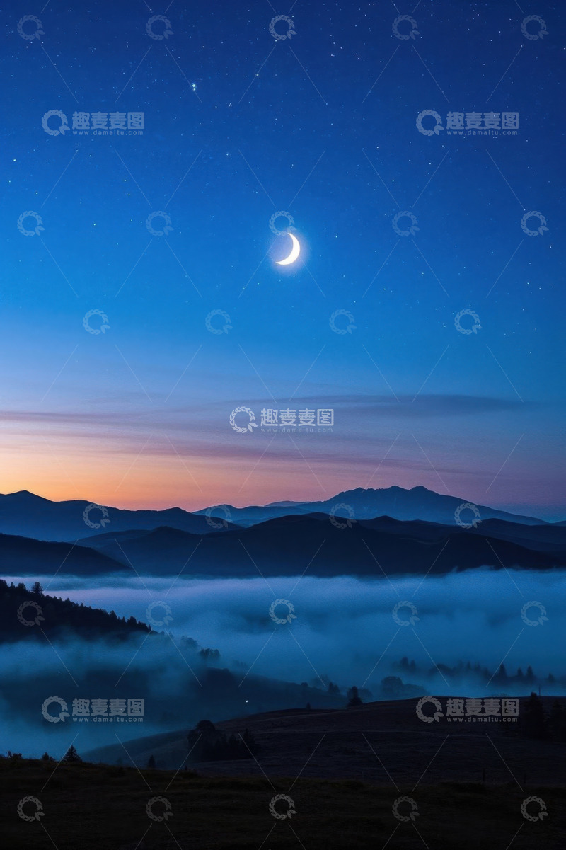 高清大图下载【趣麦麦图】山间月夜星空与云雾景观