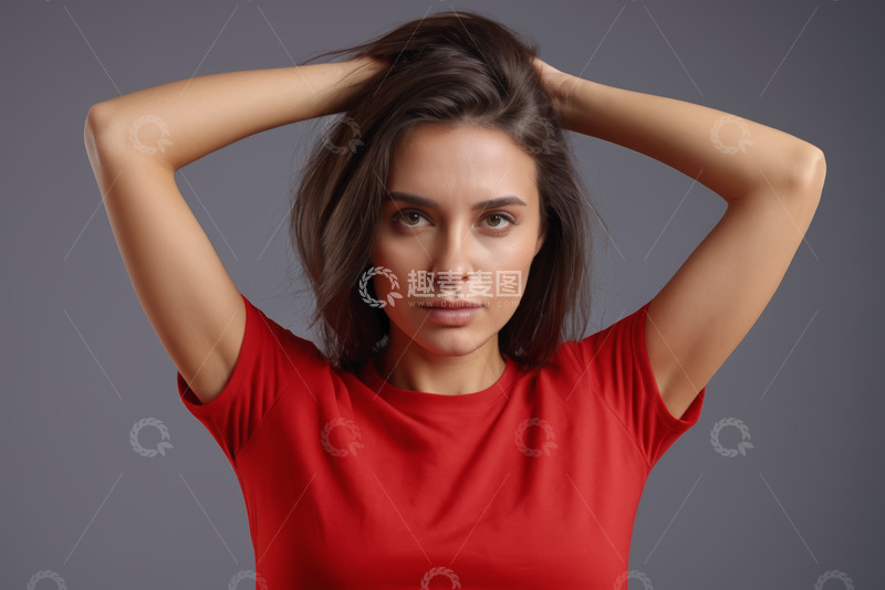 高清大图下载【趣麦麦图】红衣女子双手抱头人像素材