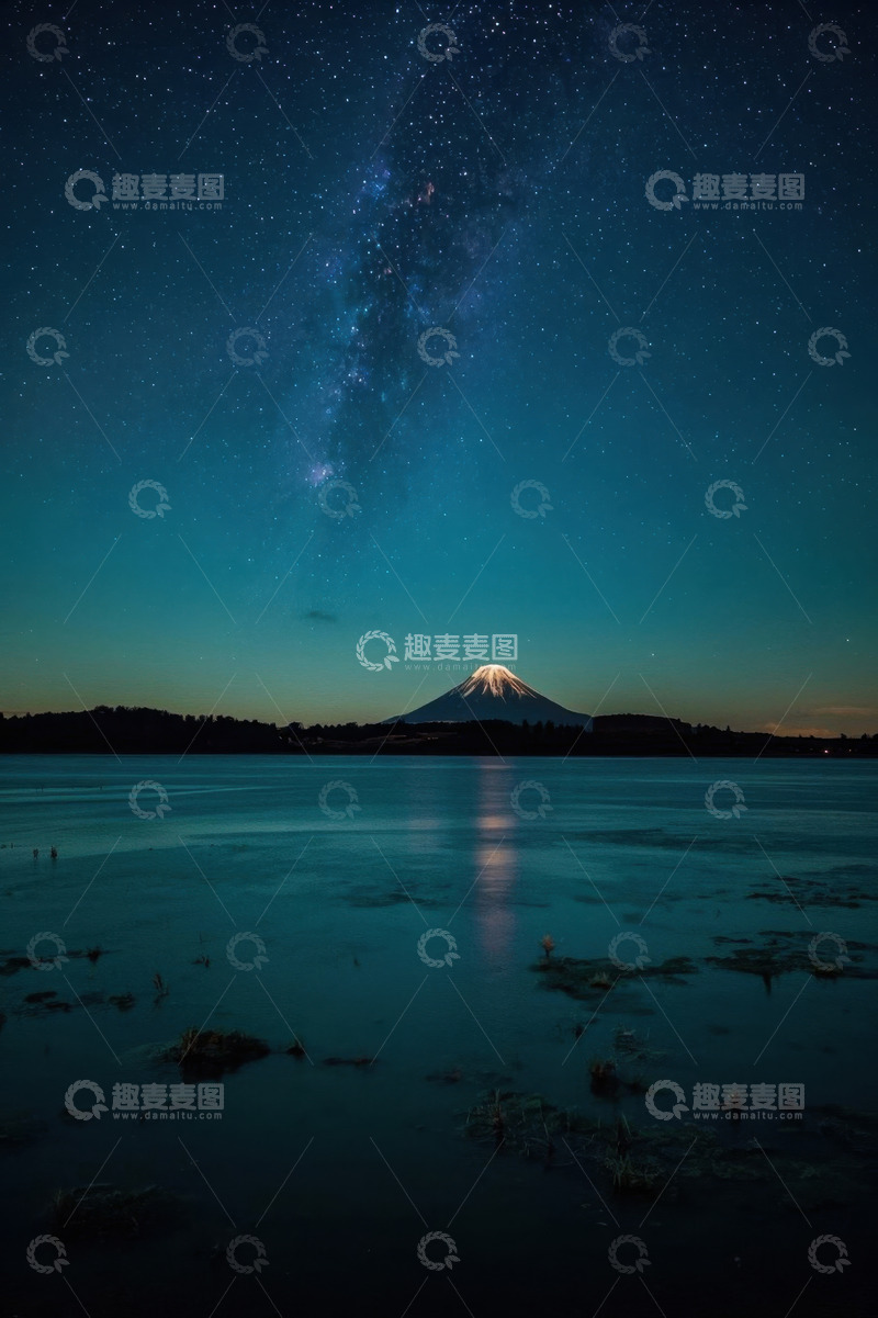 高清大图下载【趣麦麦图】富士山星空下的湖泊夜景