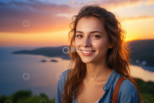 夕阳下微笑的年轻女孩