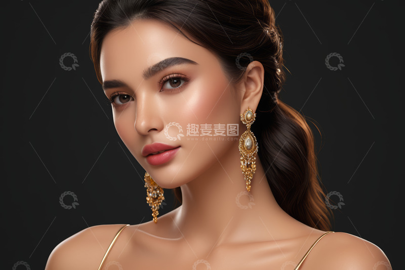 高清大图下载【趣麦麦图】佩戴华丽金耳环的女性肖像