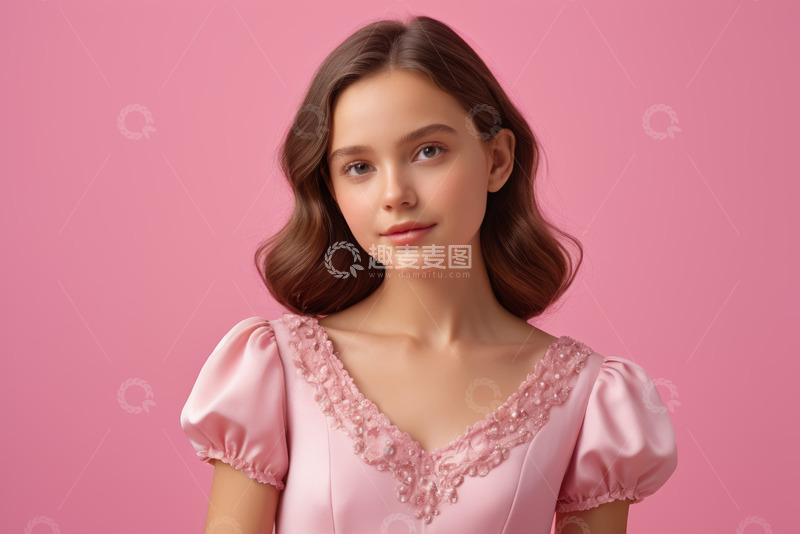 高清大图下载【趣麦麦图】身着粉色礼服的少女肖像