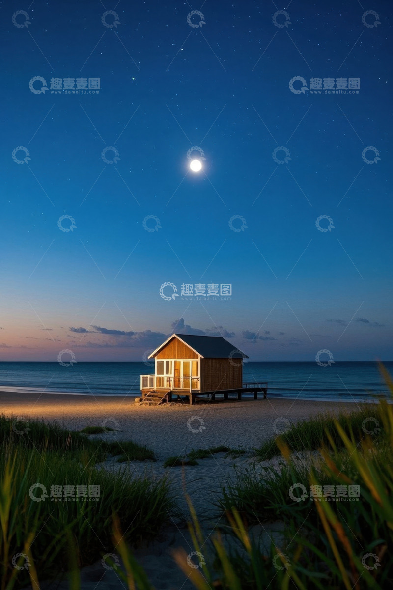 高清大图下载【趣麦麦图】月光下海边木屋夜景
