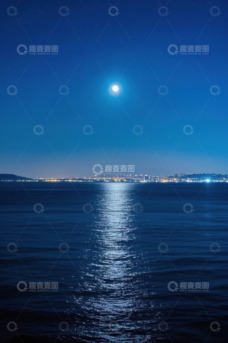 高清大图下载【趣麦麦图】月夜下海面与城市灯火景观
