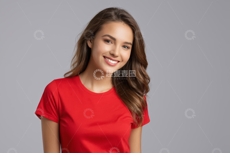 高清大图下载【趣麦麦图】穿红T恤微笑的女性肖像