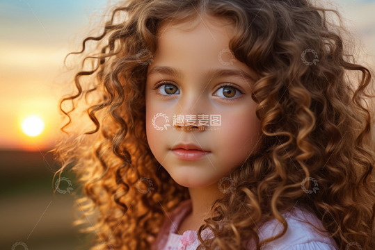 夕阳下卷发小女孩肖像