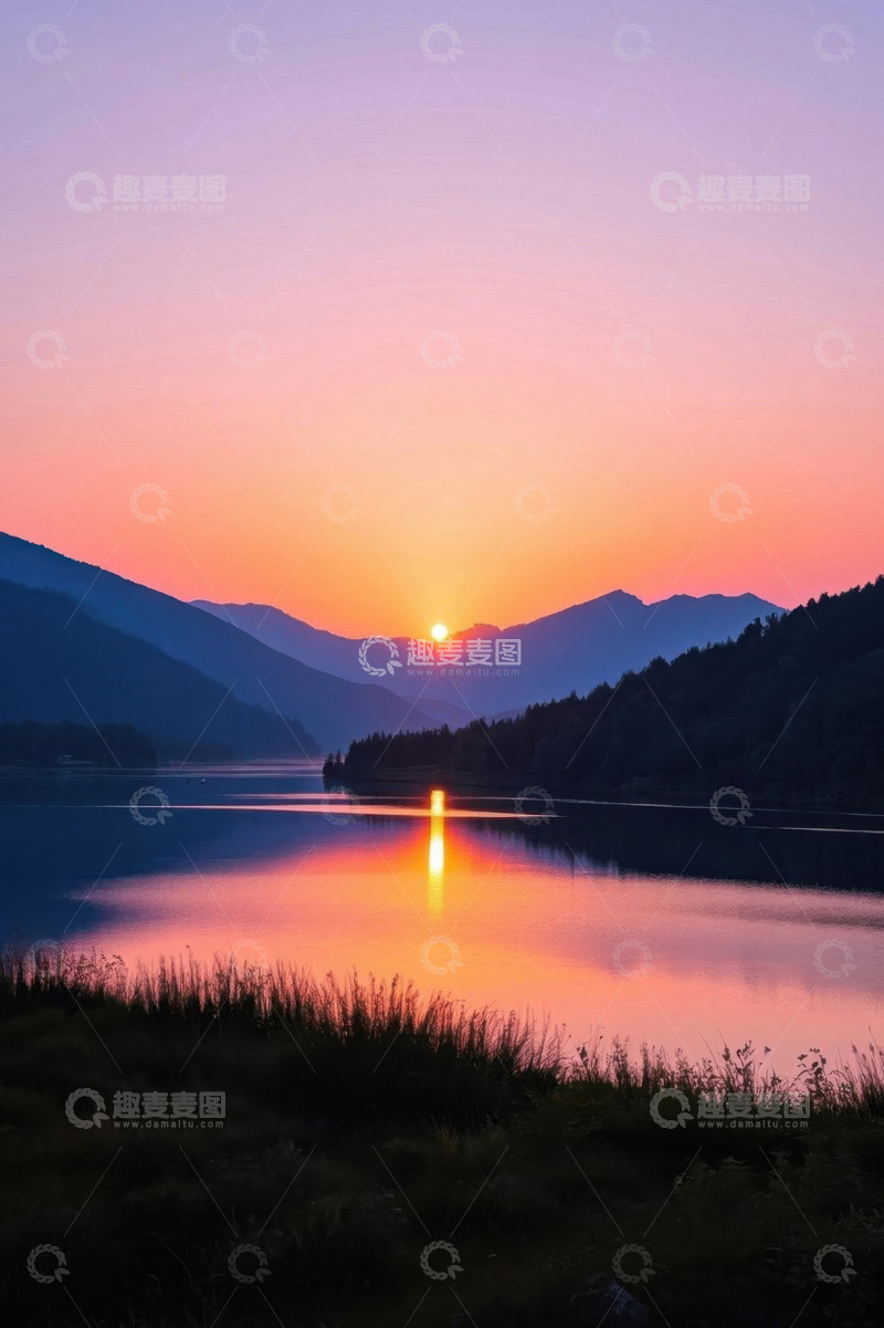 高清大图下载【趣麦麦图】湖畔日落山水自然景观