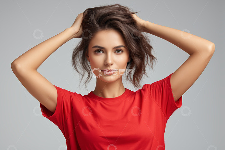 红衣女子双手抓头发肖像