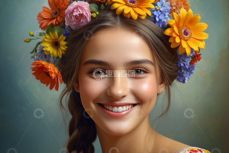 高清大图下载【趣麦麦图】戴花环微笑的女孩肖像