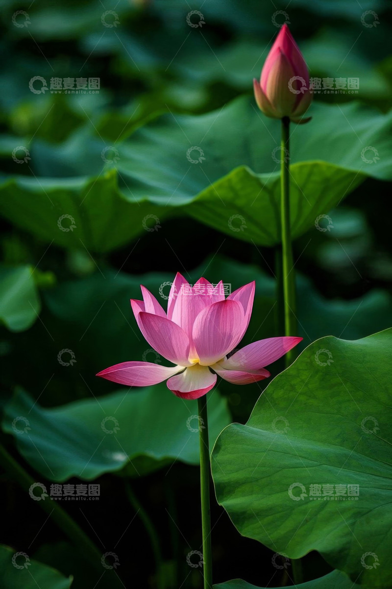 高清大图下载【趣麦麦图】绽放的粉色荷花与荷叶