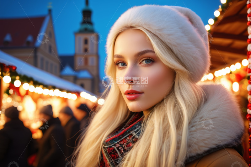 高清大图下载【趣麦麦图】冬日集市上的金发女子