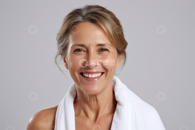 高清大图下载【趣麦麦图】微笑披着毛巾的成熟女性肖像
