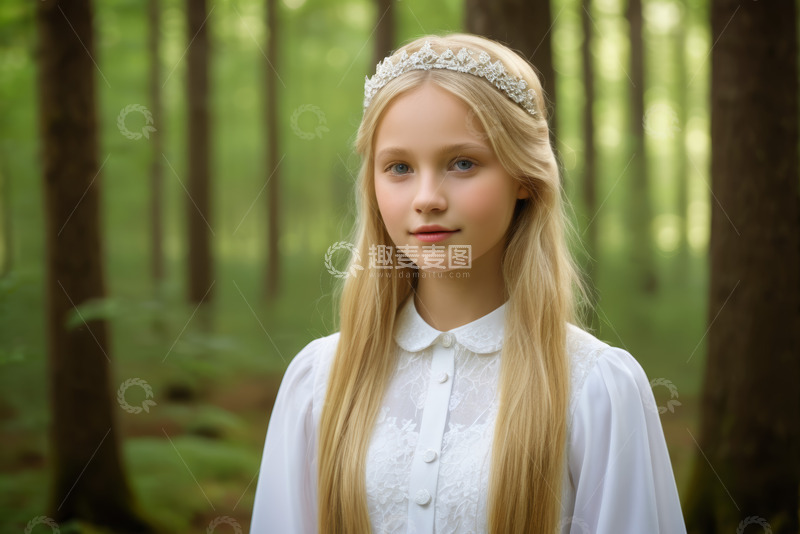 高清大图下载【趣麦麦图】户外森林中的金发女孩肖像