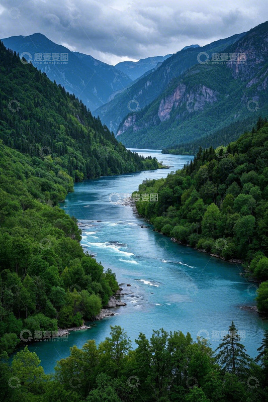 山谷间河流与茂密森林风景