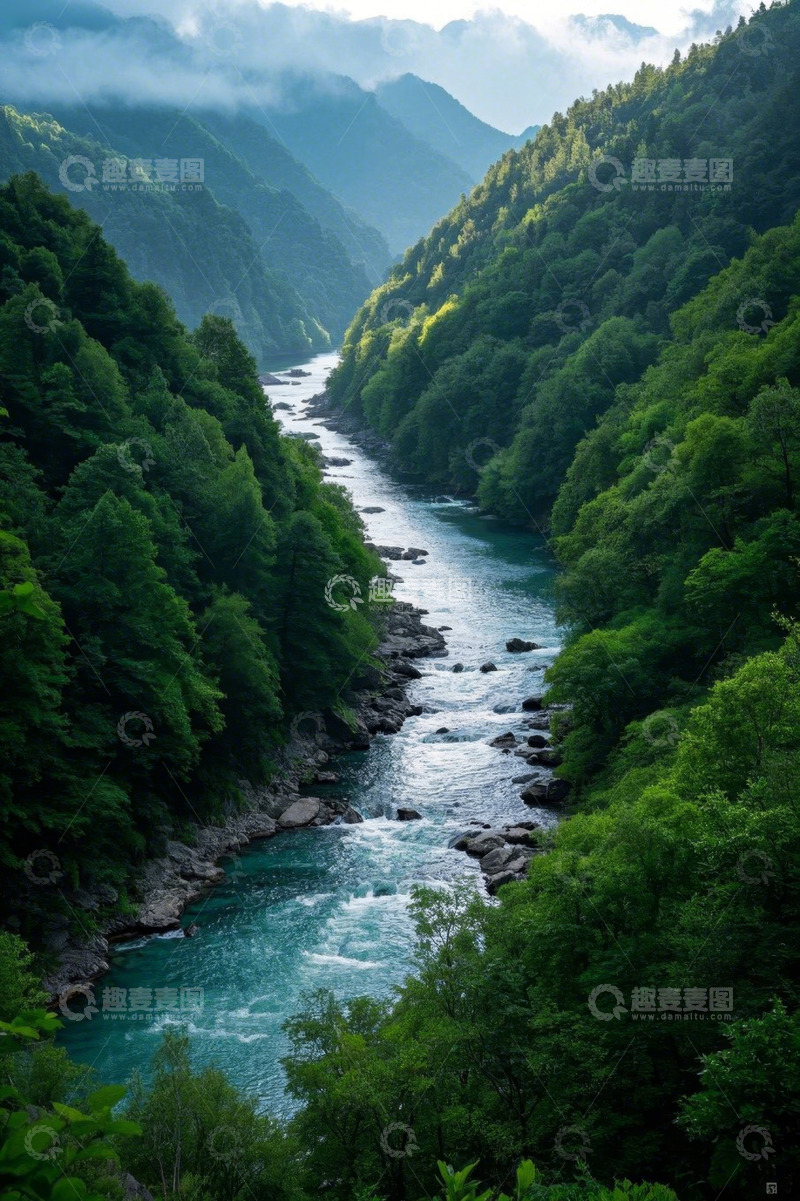 高清大图下载【趣麦麦图】山谷间河流与茂密森林景观
