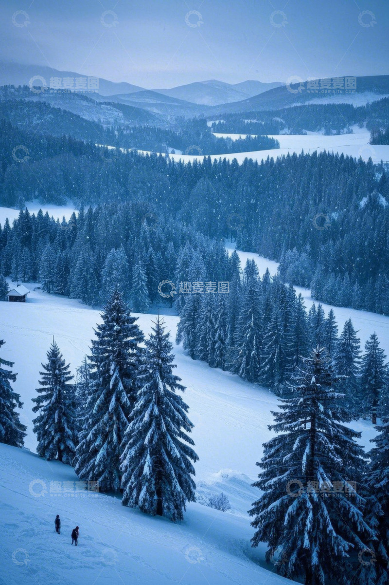 高清大图下载【趣麦麦图】雪中山林及漫步的行人