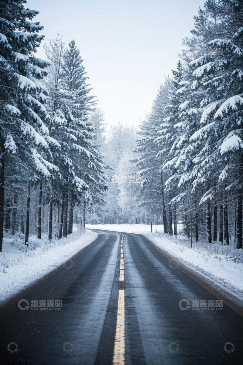 高清大图下载【趣麦麦图】雪后林间公路风景