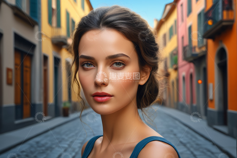 高清大图下载【趣麦麦图】街道旁年轻女子的人物肖像