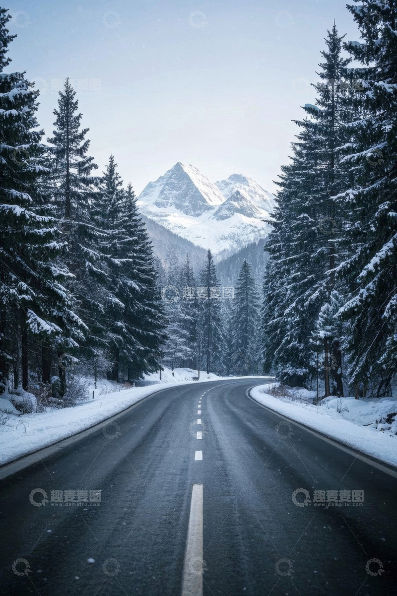 高清大图下载【趣麦麦图】冬日雪覆森林中的蜿蜒公路