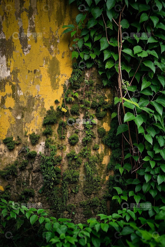 爬满绿植的斑驳墙面