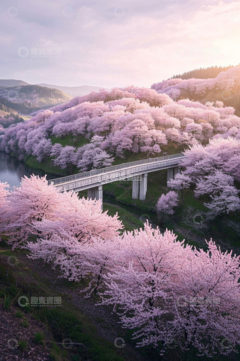 高清大图下载【趣麦麦图】河畔樱花林与桥梁景观