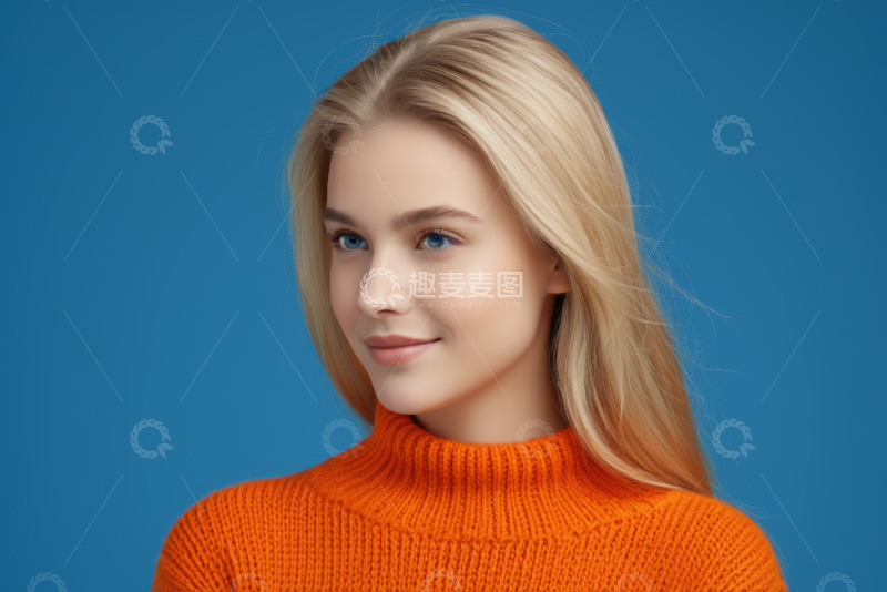 高清大图下载【趣麦麦图】金发女子穿橙色毛衣侧颜肖像