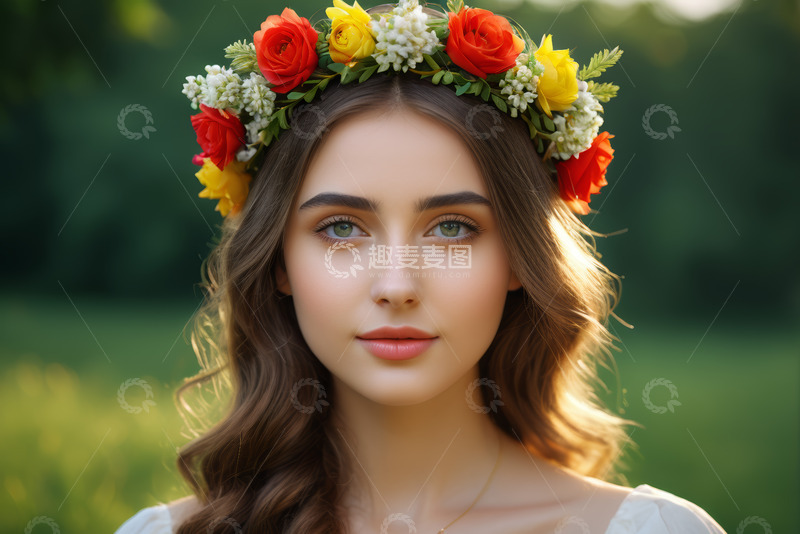 高清大图下载【趣麦麦图】戴花环的女子自然肖像