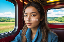 女子乘火车望向镜头