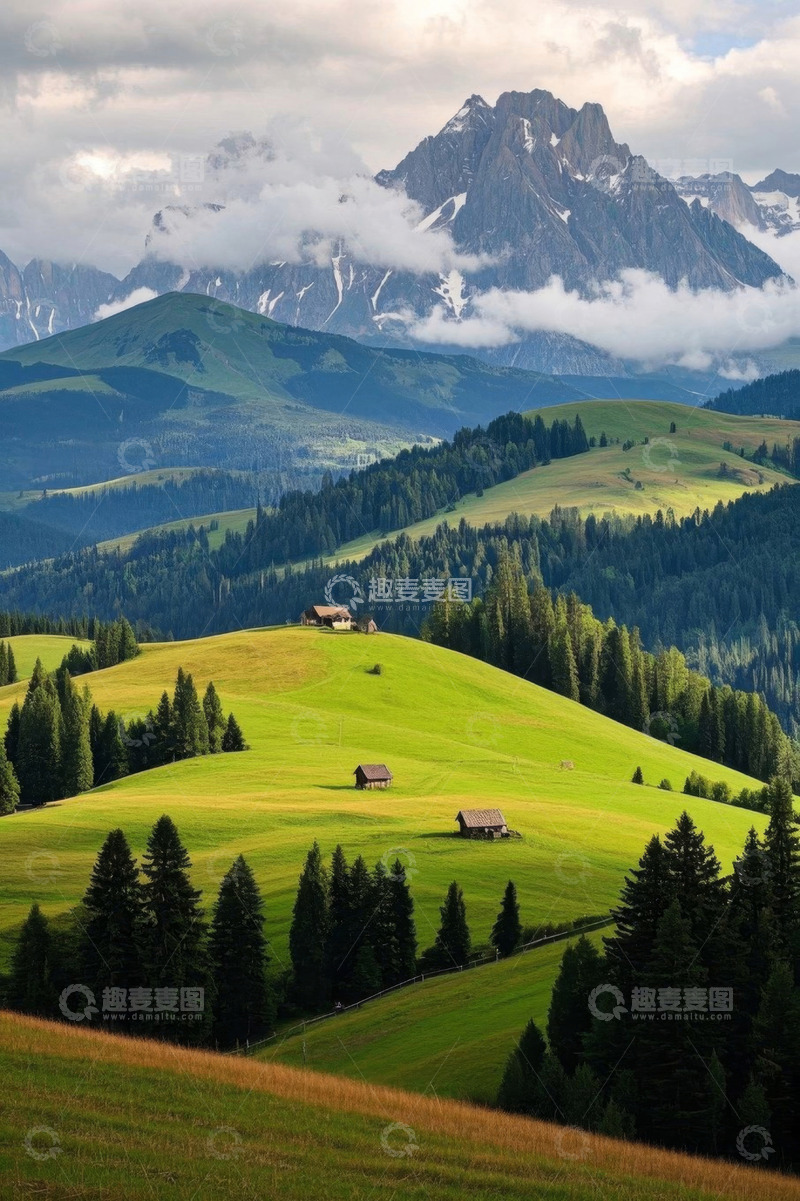 高清大图下载【趣麦麦图】山间草原与木屋自然风光
