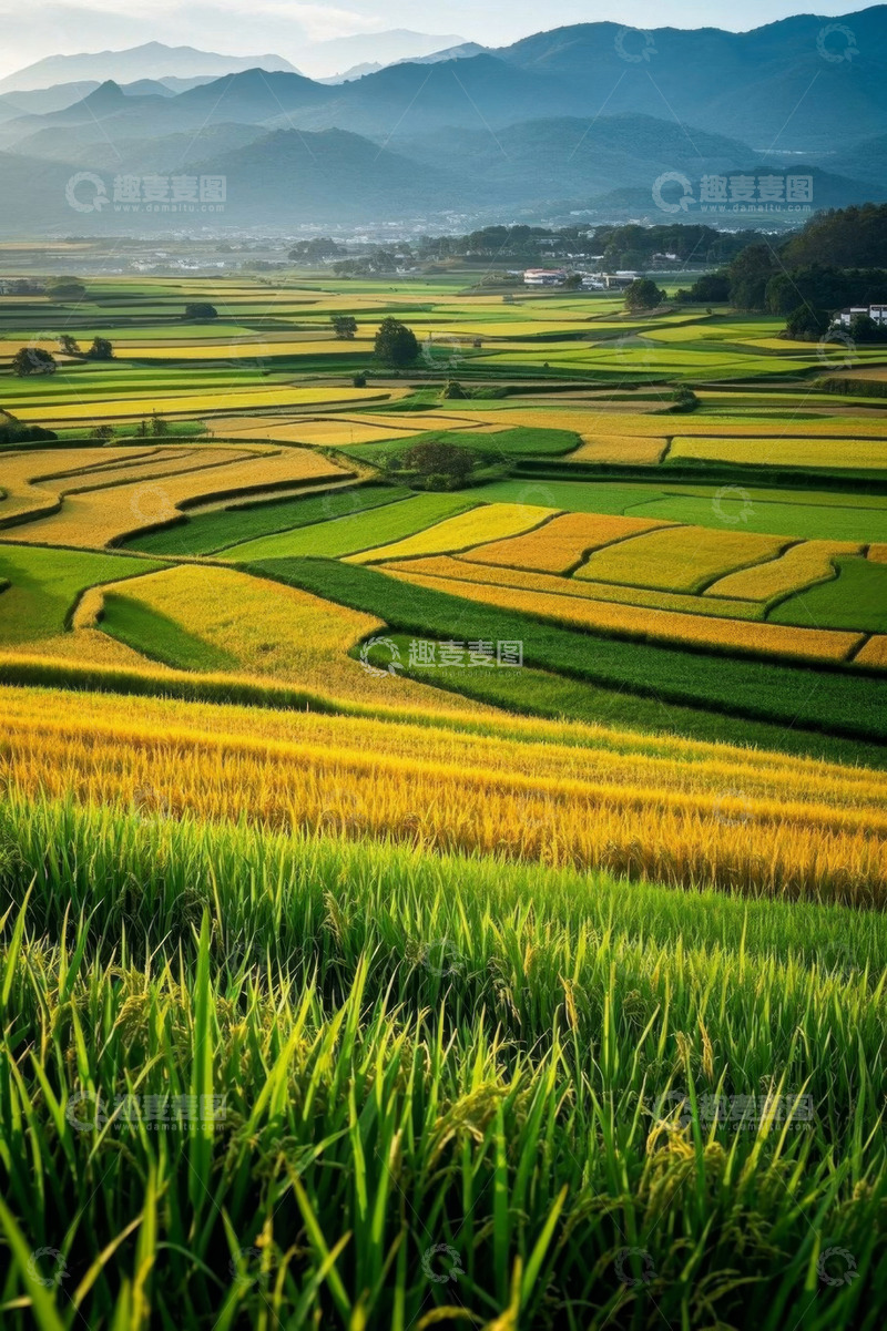 高清大图下载【趣麦麦图】田园稻田与远山自然风光