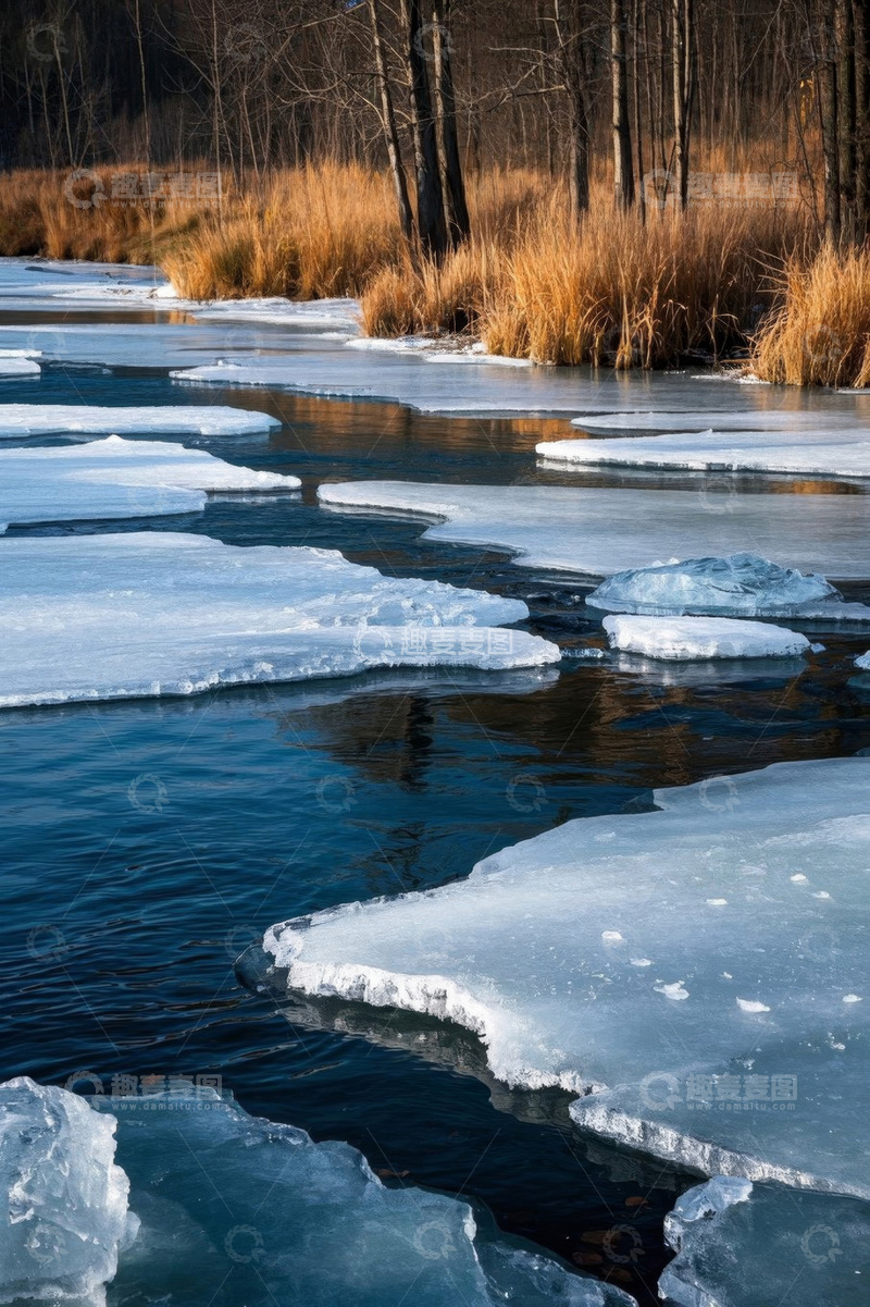 高清大图下载【趣麦麦图】冬季河流浮冰景象