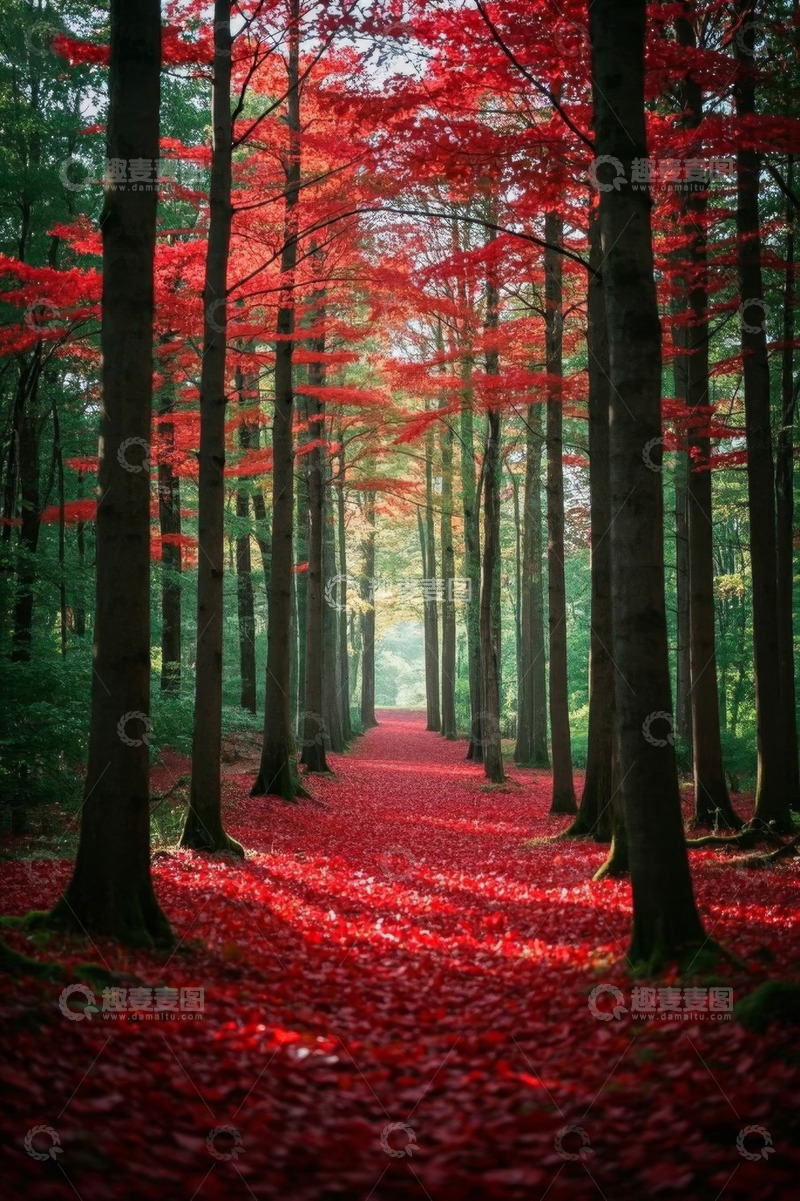 高清大图下载【趣麦麦图】秋日红枫林林间小径