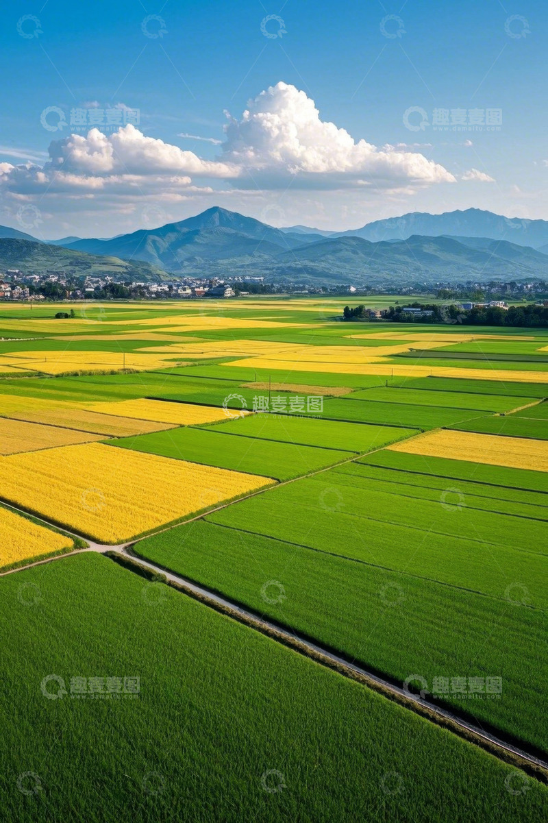 高清大图下载【趣麦麦图】航拍黄绿相间的大片稻田