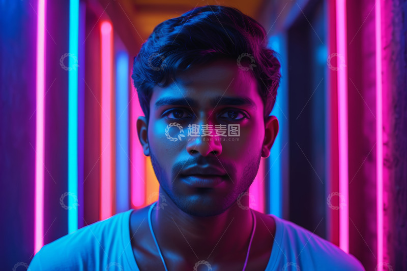 高清大图下载【趣麦麦图】霓虹灯下年轻男子肖像