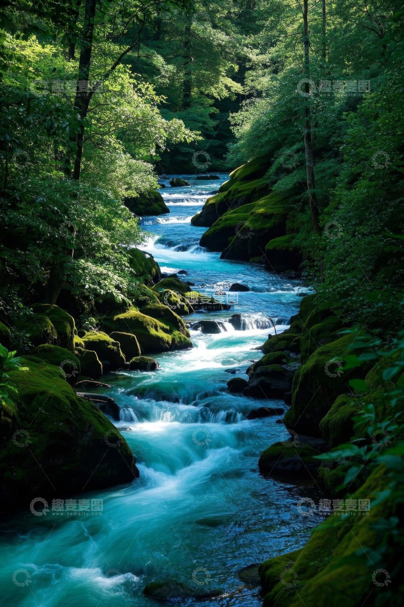 高清大图下载【趣麦麦图】森林中流淌的清澈河流景观