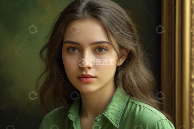 高清大图下载【趣麦麦图】穿绿衬衫的女子人物肖像