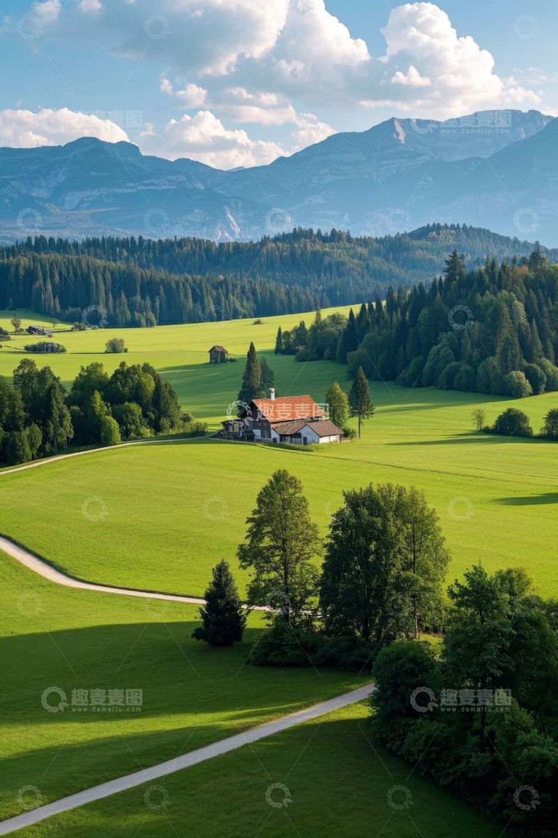高清大图下载【趣麦麦图】山间草原与木屋风光