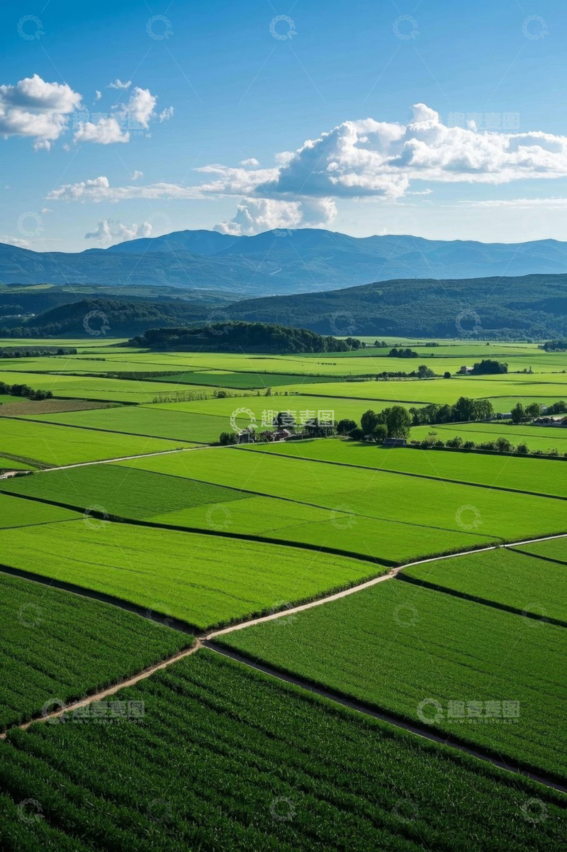 高清大图下载【趣麦麦图】俯瞰绿色田野与远山景观
