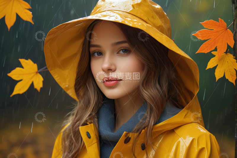 高清大图下载【趣麦麦图】穿黄色雨衣的女孩雨中肖像