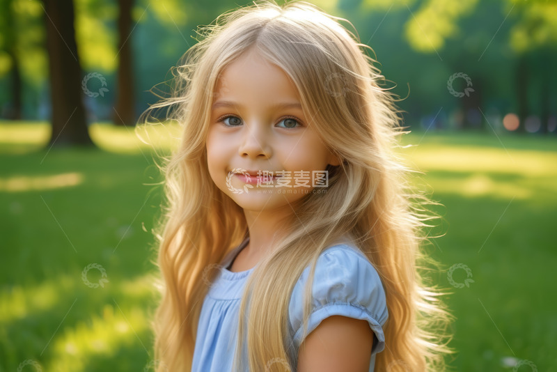 高清大图下载【趣麦麦图】户外微笑的金发小女孩肖像