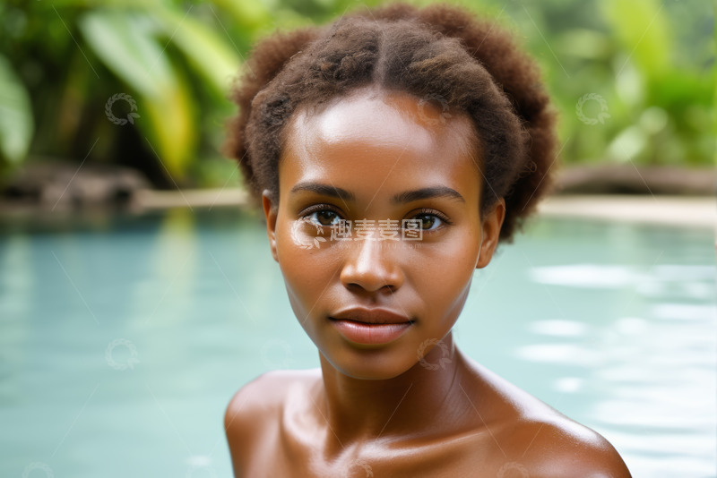 高清大图下载【趣麦麦图】泳池边的非洲裔女性肖像