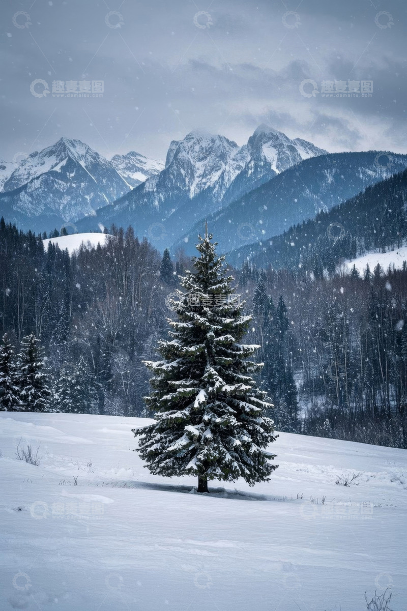 高清大图下载【趣麦麦图】雪山下的雪地松树景观