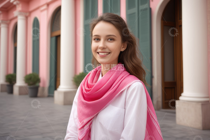 高清大图下载【趣麦麦图】户外微笑女子粉色围巾装扮